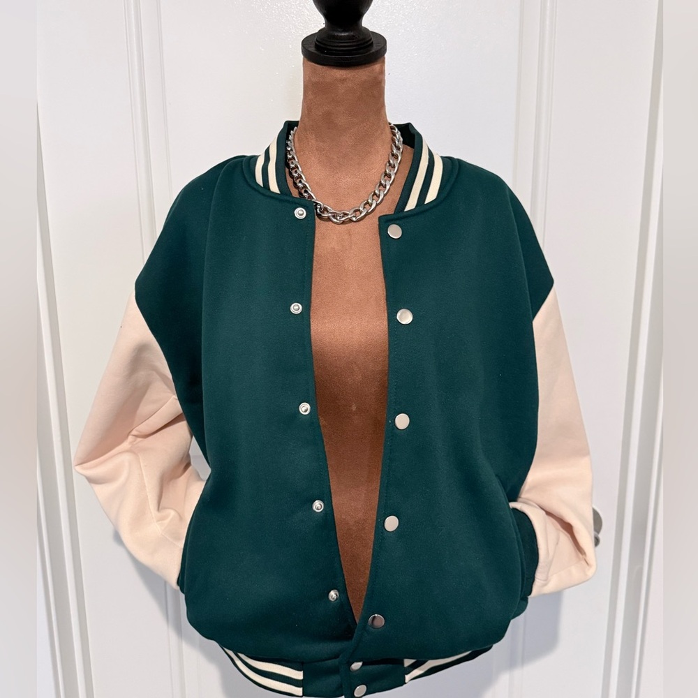 Green & Cream Varsity Bomber Jacket | Snap Front | Athletic Preppy Style